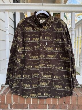 Woolrich Brown Deer Buck Hunting Button Up Long Sleeve Shirt Size Large Men’s